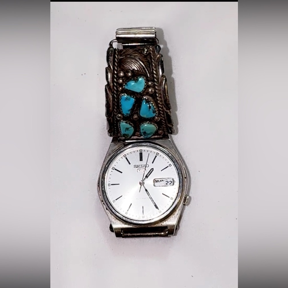 Seiko watch with silver and turquoise band